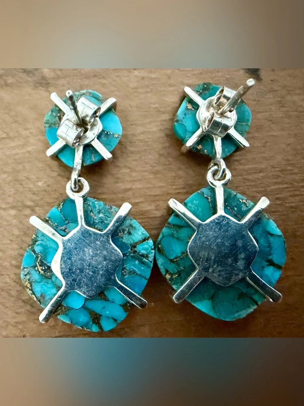 VINTAGE PTI 925 STERLING SILVER TURQUOISE DOUBLE STONE DROP DANGLE EARRINGS